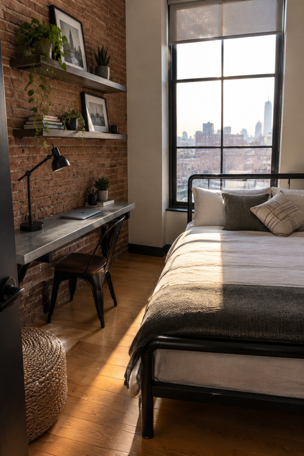 Sunlit modern bedroom with exposed brick wall, city skyline window, and black metal bed.